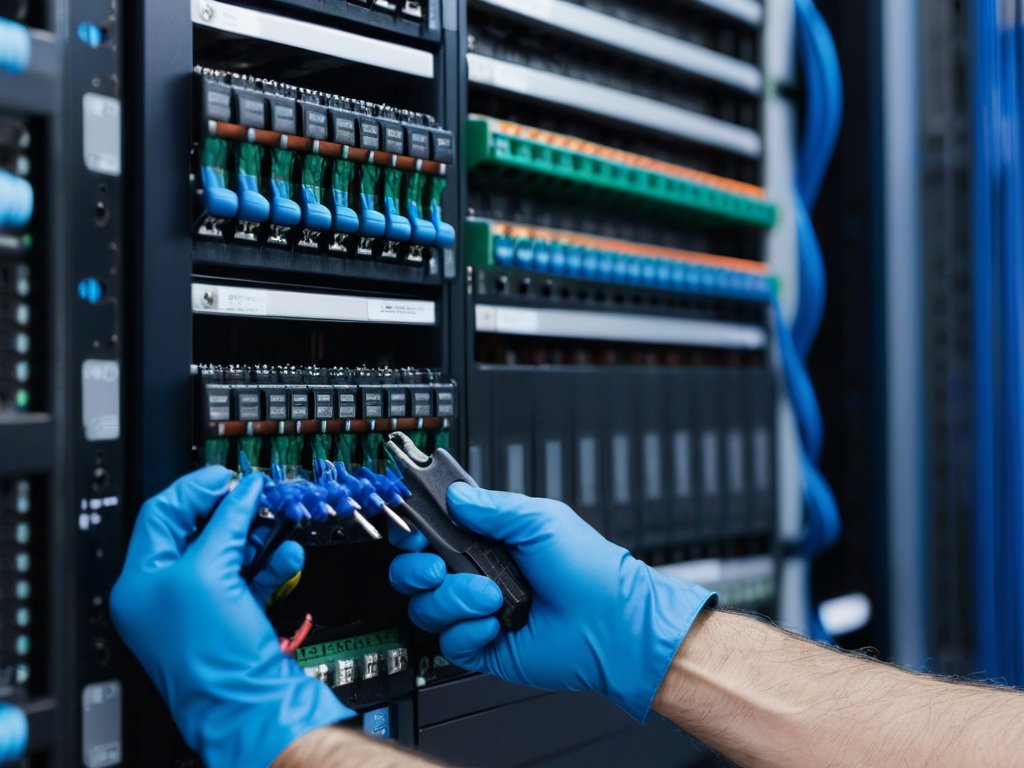 Field technician terminating network cables on a patch panel